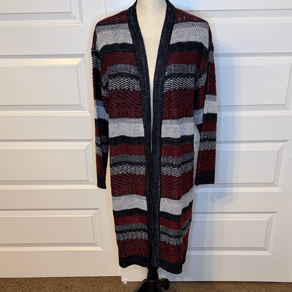 Jones New York Burgundy, Black and White Striped Cardigan